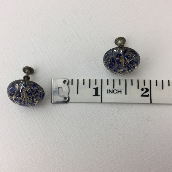 Vintage Confetti Lucite Blue & Silver Earrings - Picture 7 of 7
